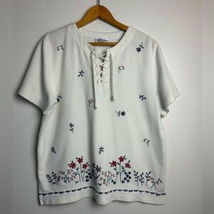 VTG Y2K Henley Tie M Waffle knit Floral Embroidered White Top Womens Grandmacore